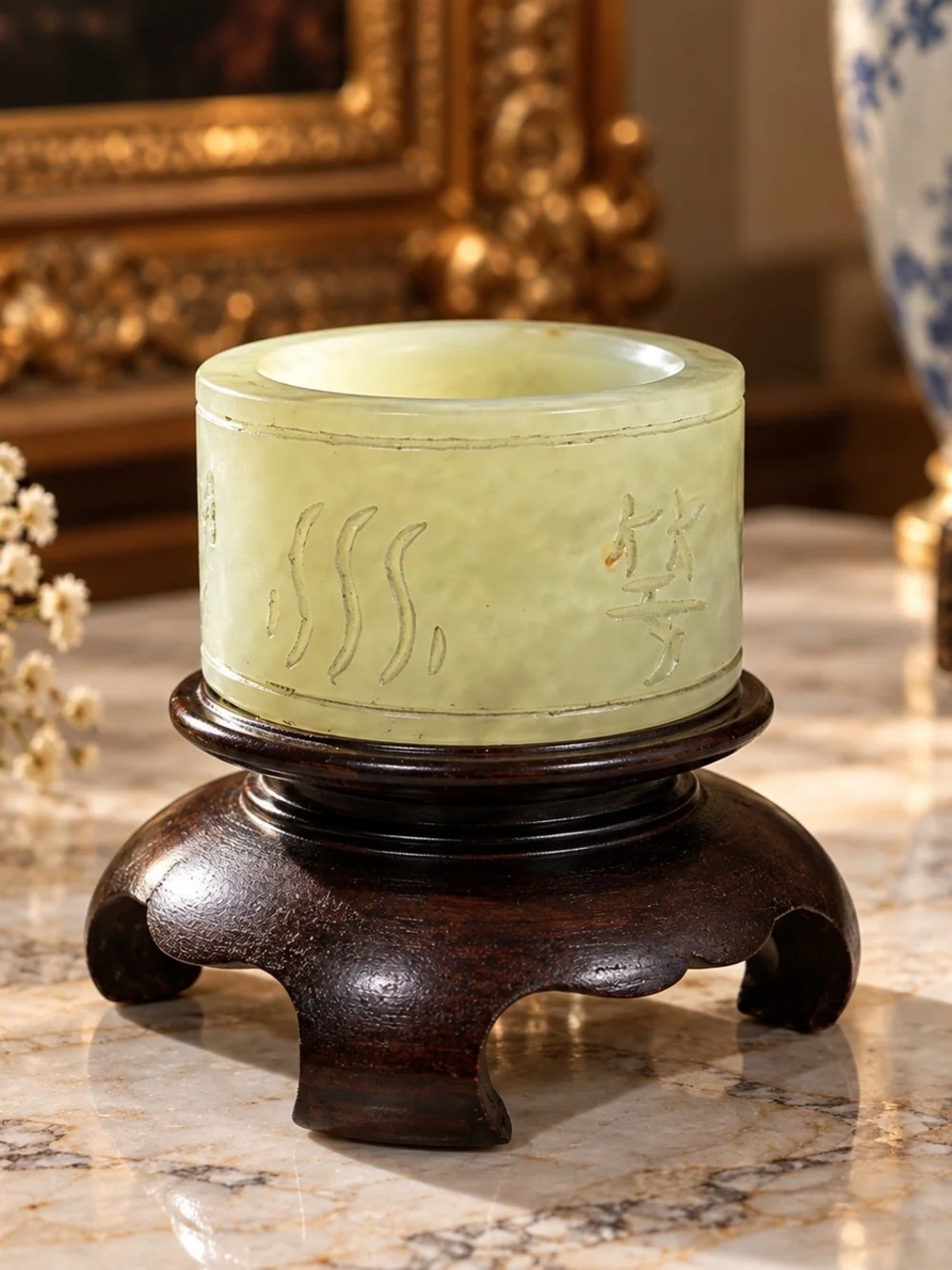 Chinese Nephrite Jade Cylinder Inscribed Character Ornament w/ Wood Stand 55g